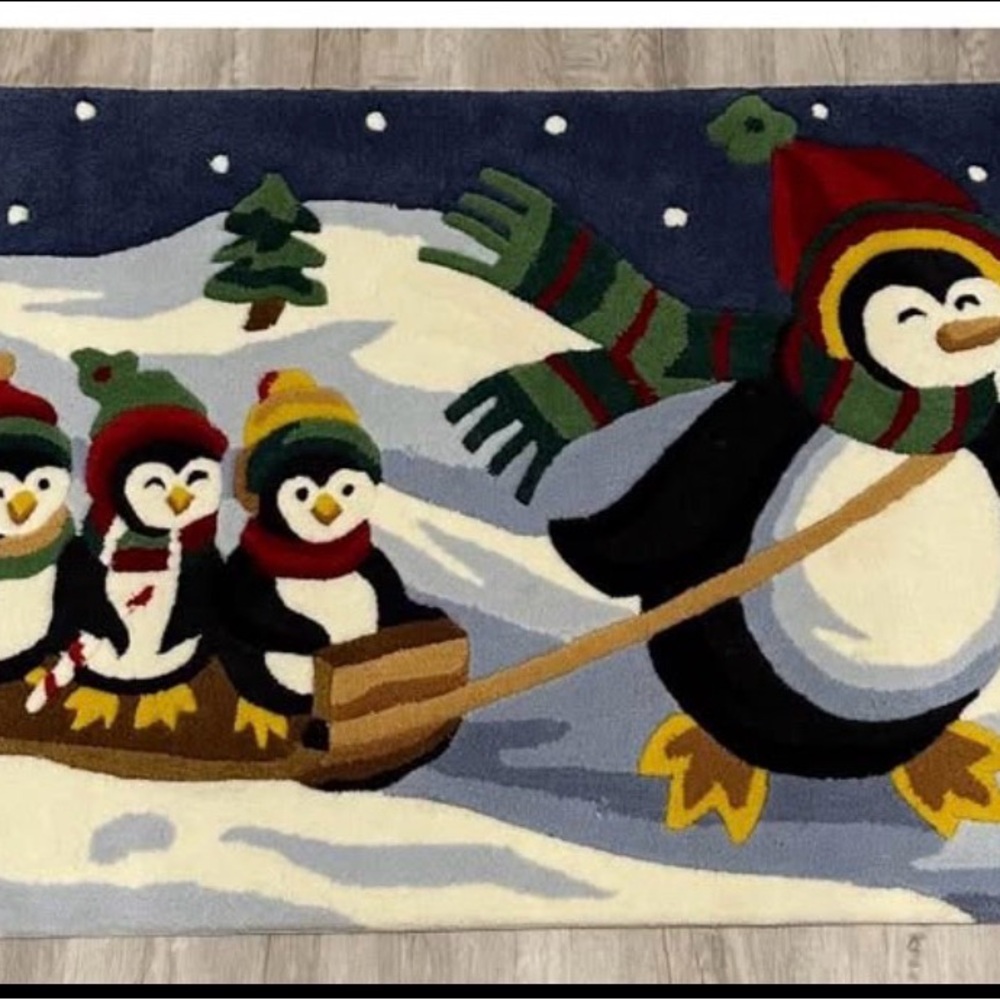 Penguin Family Holiday Rug - Navy, Black, White, Red, Green